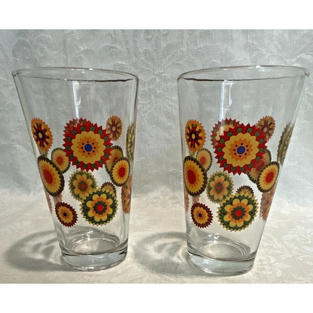 Vintage Pasabahce MCM Kaleidoscope 12oz Tumbler Glasses Set of 2 Retro 70s 5.5